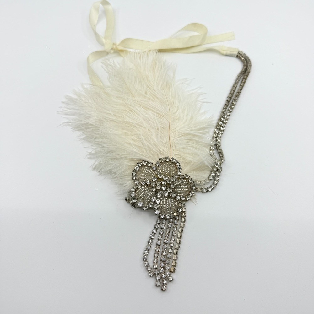 Y2K Gatsby Flapper Feather Headpiece Rhinestone Bridal Statement Headband 1920s